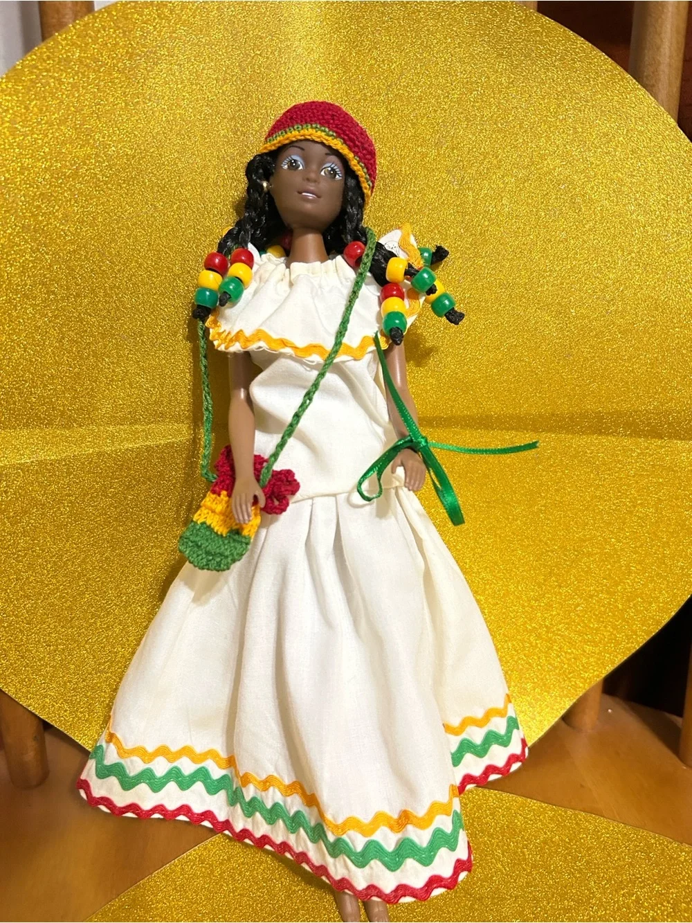 Vintage Handmade Jamaican Cultural Doll in Rastafarian colors. Plus a girls bag
